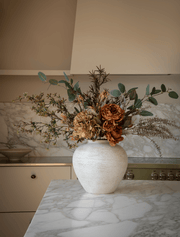 Composition florale artificielle – Pivoine orange et gerbe d'automne