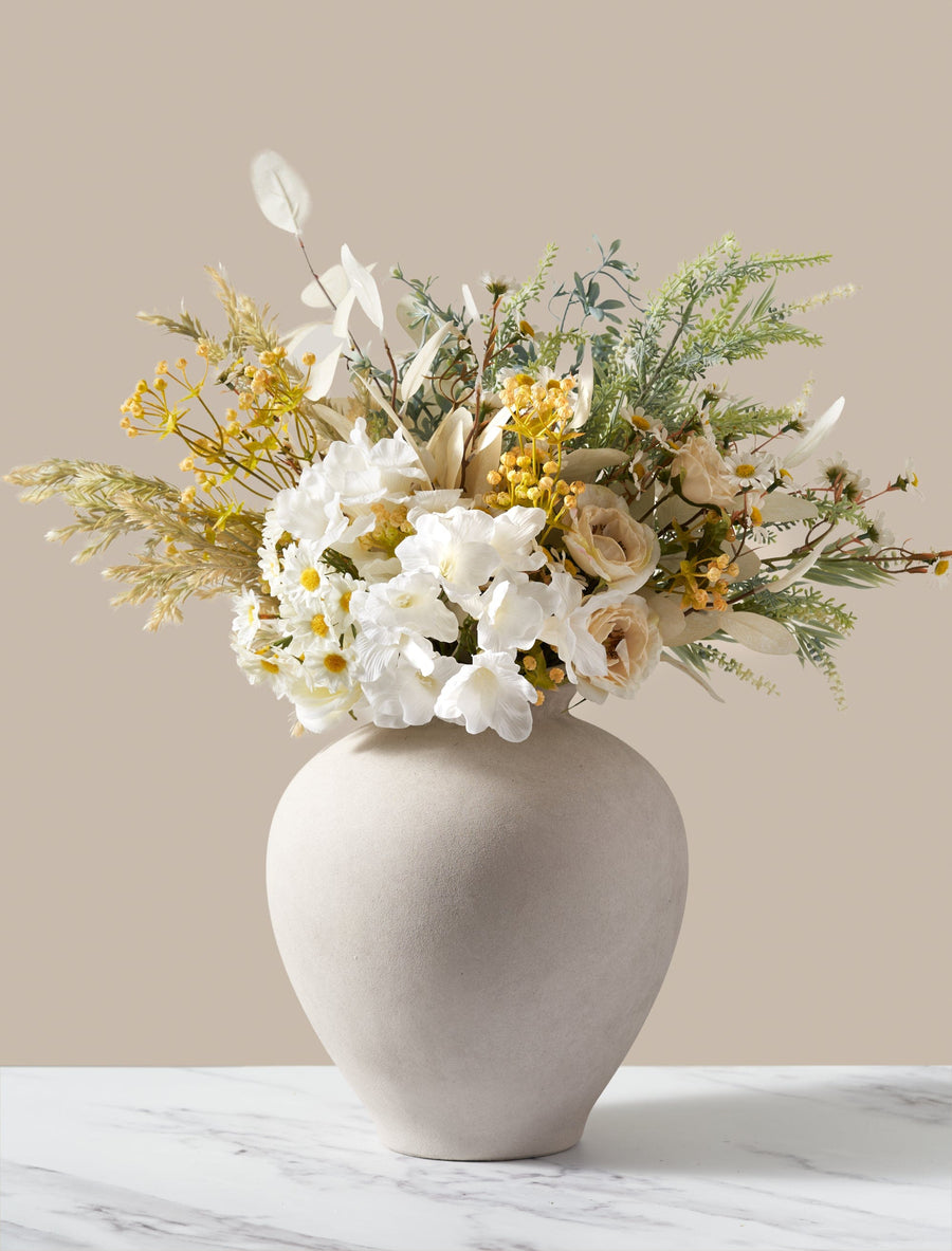 Composition florale artificielle - Prairie blanche et jaune