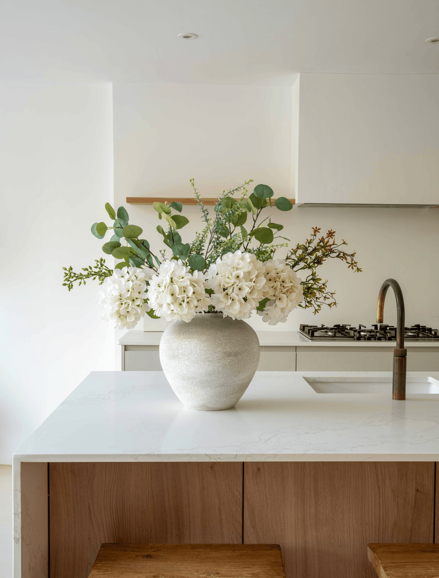 Faux Floral Arrangement – Eucalyptus & White Hydrangea