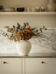 Composition florale artificielle – Pivoine orange et gerbe d'automne