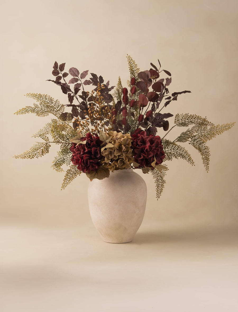 Composition florale artificielle - Gerbe de fougère naturelle et hortensia marron