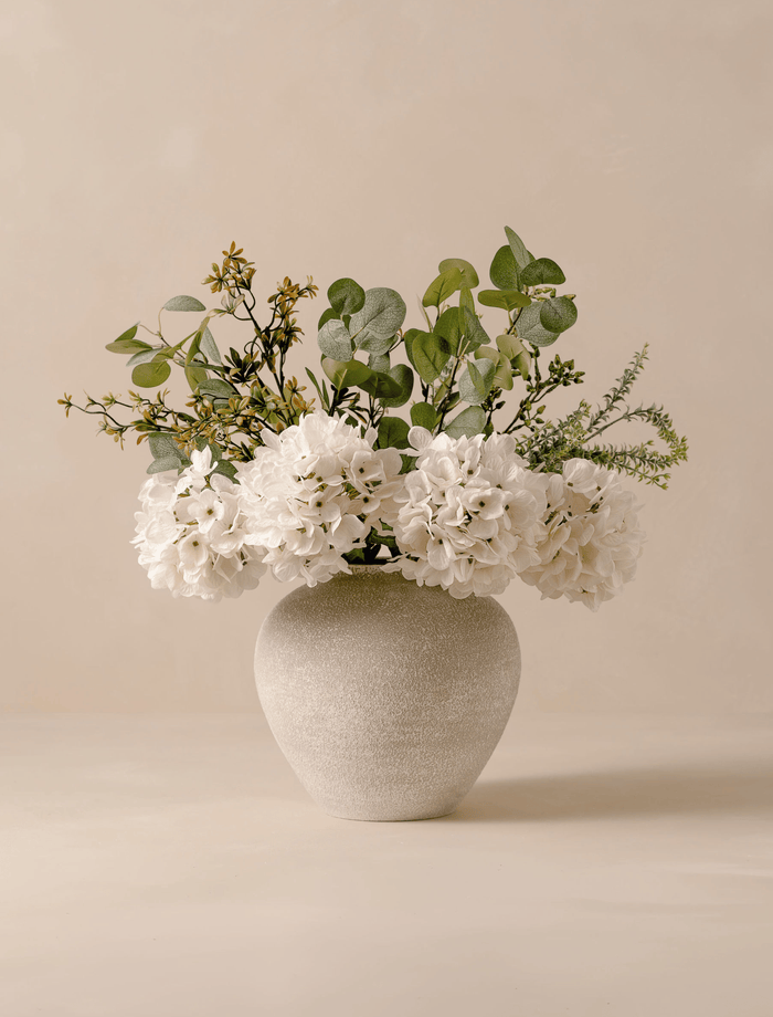 Faux Floral Arrangement – Eucalyptus & White Hydrangea