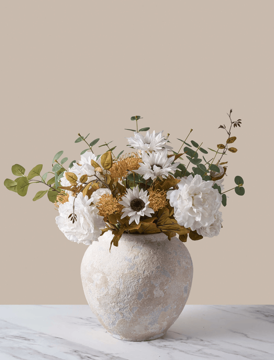Composition florale artificielle - Pivoine blanche et tournesol