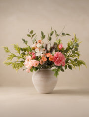 Composition florale artificielle – Coquelicot pêche et pivoine