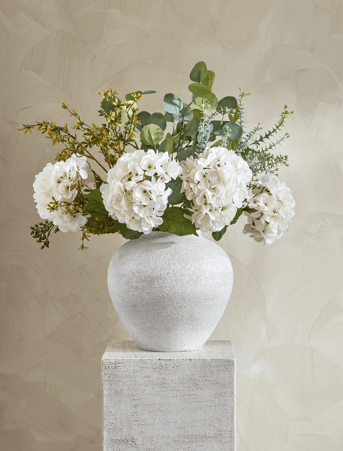 Faux Floral Arrangement – Eucalyptus & White Hydrangea