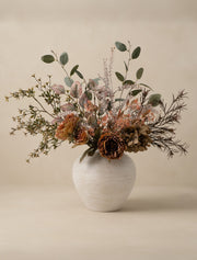 Composition florale artificielle – Pivoine orange et gerbe d'automne