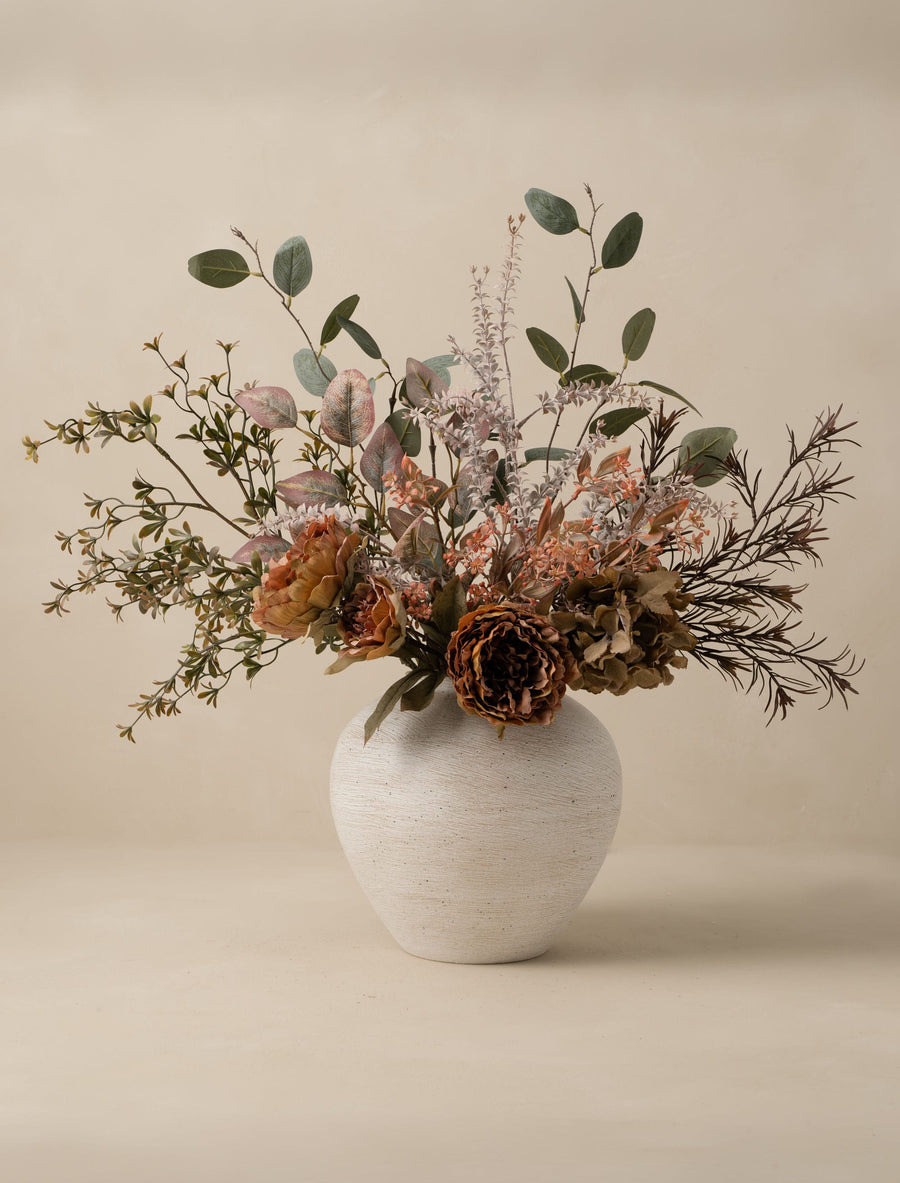 Composition florale artificielle - Pivoine orange et gerbe d'automne